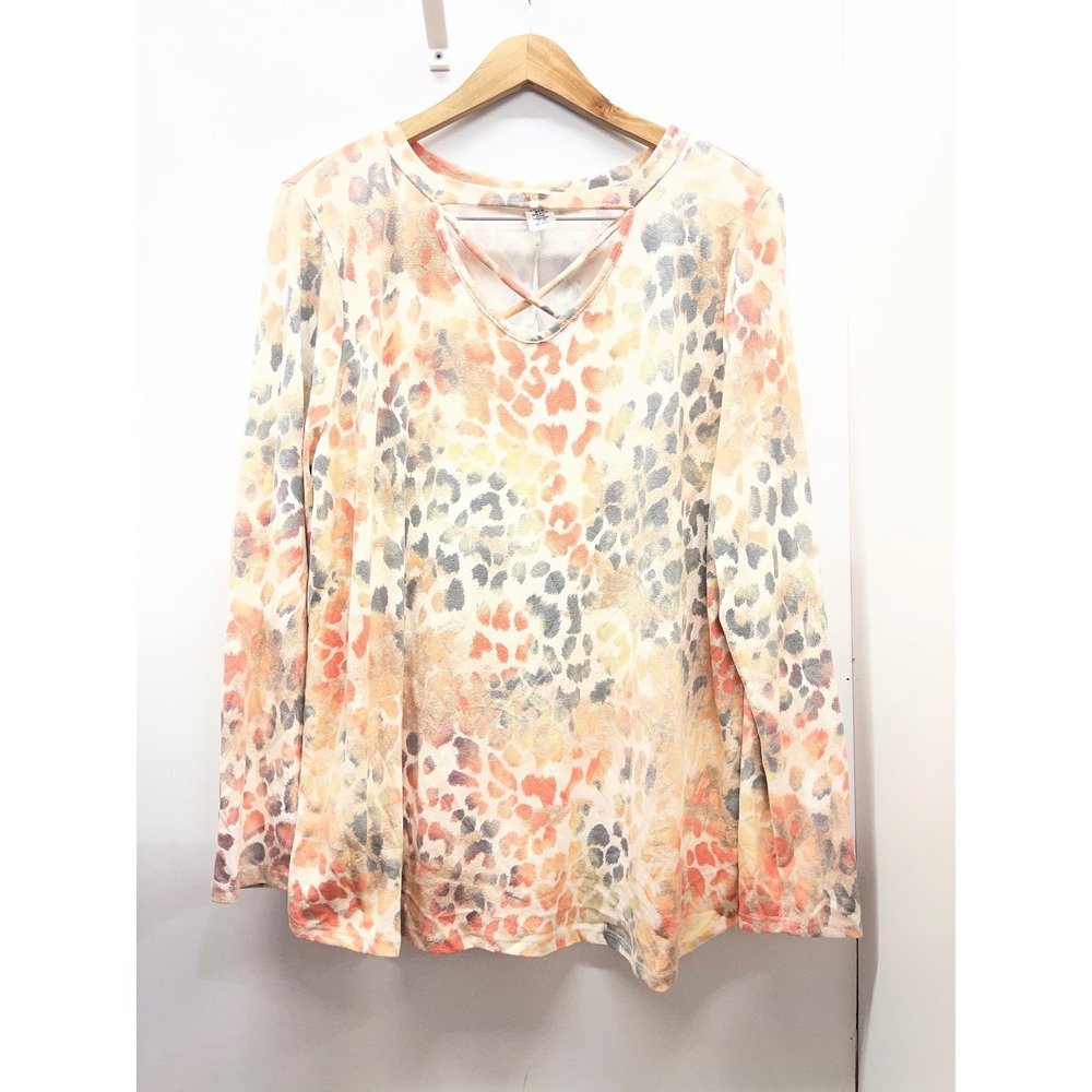 Sew In Love Womens 2X Animal Print Lattice V-Neck Long Sleeve Top Orange Grey